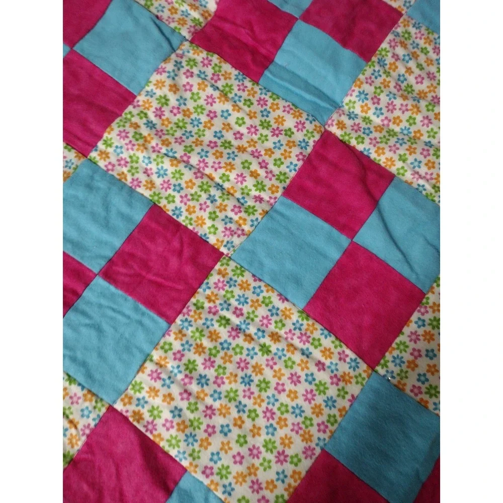 Handmade Quilted Baby Blanket Pink Blue Floral Patchwork Minky Dot Back 41x44